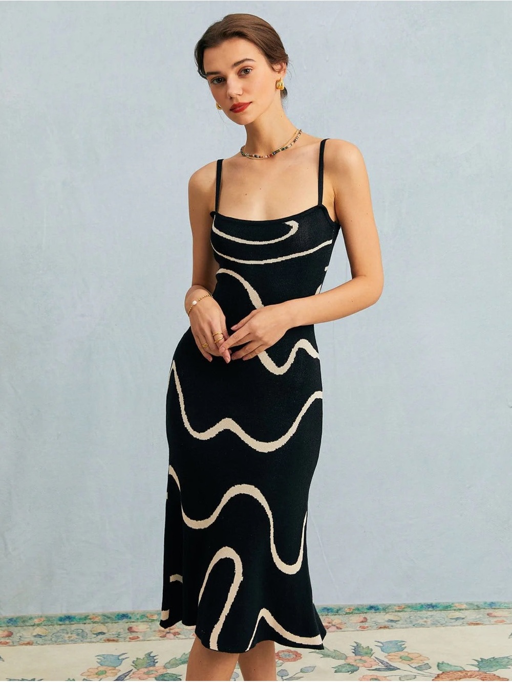 RIHOAS Black Midi Slip Dress with Cream Wave Print